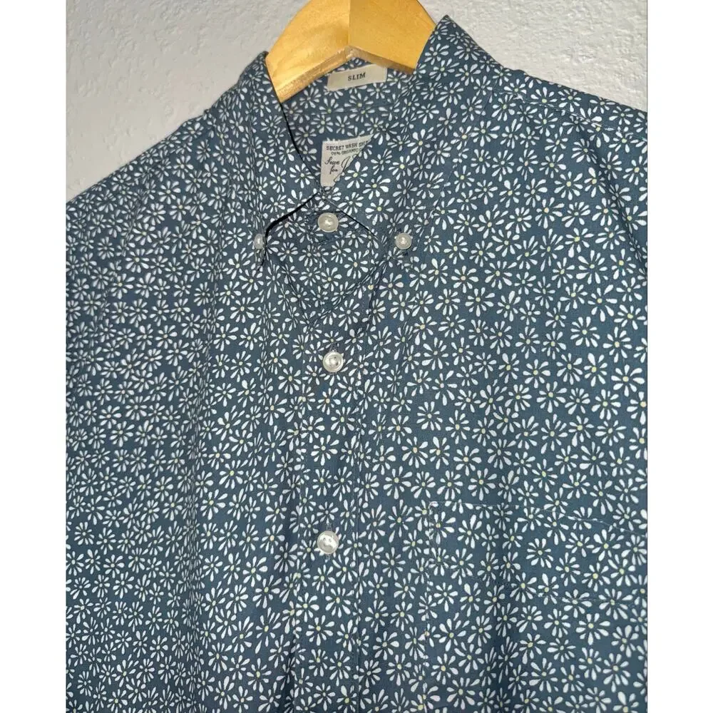 J Crew Organic Cotton Stretch Daisy Button Sown Long Sleeve Shirt Men's Med Slim